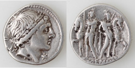 Repubblica Romana. Gens Memmia. L. Memmius. 109-108 a.C. Denario. Ag. D/ Testa maschile coronata da foglie di quercia verso destra, davanti una stella...