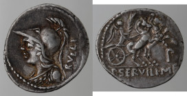 Repubblica Romana. Gens Servilia. Publius Servilius M.f. Rullus. 100 a.C. Denario. Ag. D/ RVLLI Busto di Pallade verso sinistra. R/ P SERVILI M F (Pub...