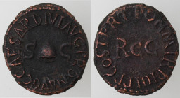 Impero Romano. Caligola. 37-41 d.C. Quadrante. Ae. D/ PON M TR P IIII PP COS TERT nel campo RCC. R/ C CAESAR DIVI AVG PRON AVG Pileo tra SC. RIC.52. P...