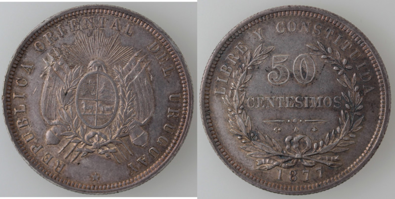 Monete Estere. Uruguay. 50 Centimos 1877. Ag. KM# 16. Peso 12,45 gr. Diametro 33...