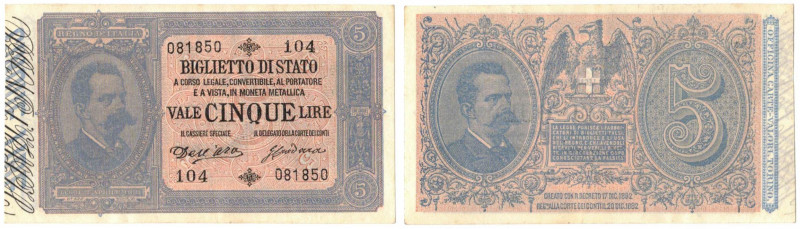 Cartamoneta. Regno d'Italia. Umberto I. 5 Lire Doppia Effige. D.M. 17-12-1882. D...