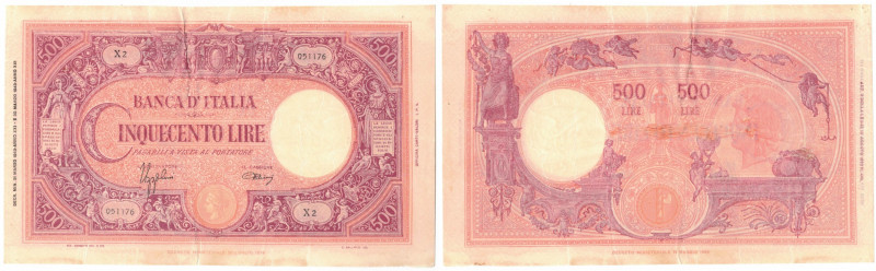 Cartamoneta. Regno d'Italia. Vittorio Emanuele III. 500 Lire Grande C. (Fascio)....