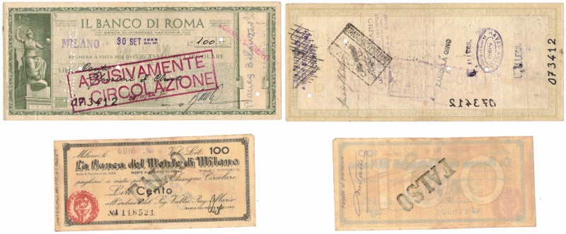 Cartamoneta. Lotto di 2 pezzi. Assegni. Banco di Roma 100 Lire 30/09/1944 e Banc...