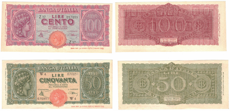 Cartamoneta. Luogotenenza. Lotto di 2 Pezzi. 100 e 50 Lire Italia Turrita. Di ca...