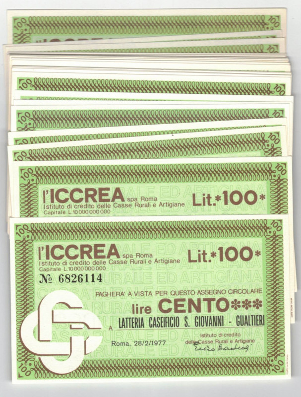 Cartamoneta. Banca ICCREA. Lotto di 30 Pezzi. Miniassegni da 100 Lire. Intestazi...