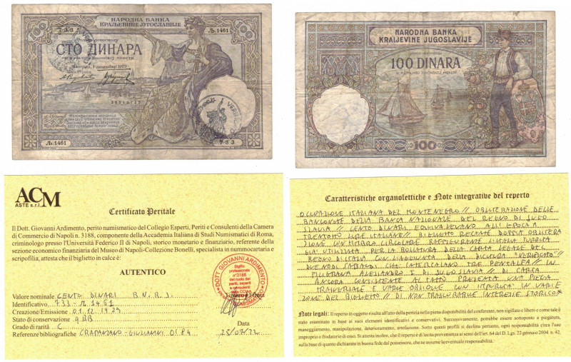 Cartamoneta Estera. Occupazione italiana del Montenegro. 100 Dinari. (38 lire it...