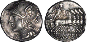 RÉPUBLIQUE (-280/-41)
M.Baebius Q.f. Tampilus (-137) : Denier à la tête casquée de Rome à gauche. Apollon sur un char à droite, portant une branche d...