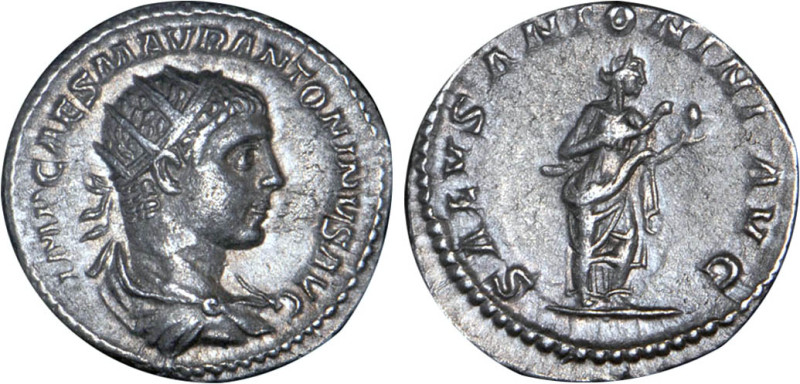 ELAGABALE (218-222)
Antoninien : La Santé debout à droite, nourissant un serpen...