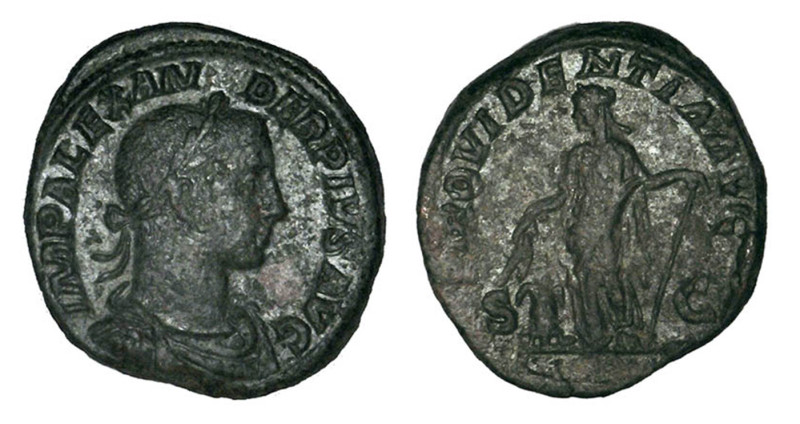 ALEXANDRE SÉVÈRE (222-235)
Sesterce : Var. buste cuirassé - R/: L'Abondance deb...