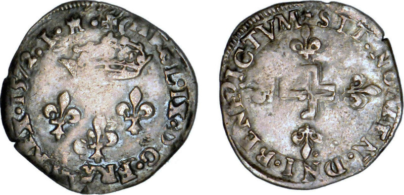 CHARLES IX Maximilien (1560-1574)
Double sol parisis, variété
1572 I - TTB 30 ...