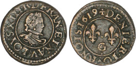 LOUIS XIII le Juste (1610-1643)
Denier tournois, buste enfantin cuirassé à mince fraise rabattue
1619 G - TTB 35 (TTB)
CGKL 416 b1 - 3,29g, Très Ra...