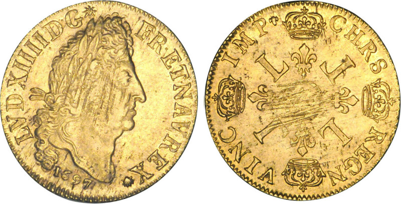 LOUIS XIV le Grand (1643-1715)
Double louis d'or aux 4 L
1697 A - TTB 40 (TTB+...