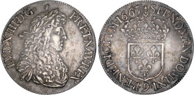 LOUIS XIV le Grand (1643-1715)
Écu blanc au buste juvénile, 2e type
1667 9 - SUP 50 (SUP-)
Rare !

Vente WEIL, septembre 2006.
DR 306, D 1483, G...