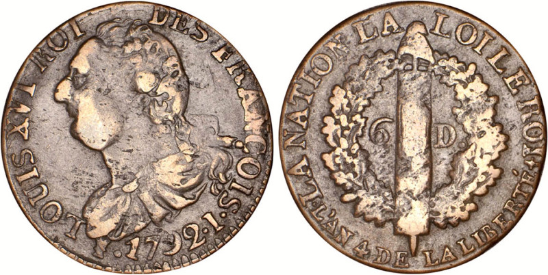 PÉRIODE RÉVOLUTIONNAIRE
6 DENIERS type "FRANÇOIS"
1792 I - TTB 35 (TTB)
MDC, ...