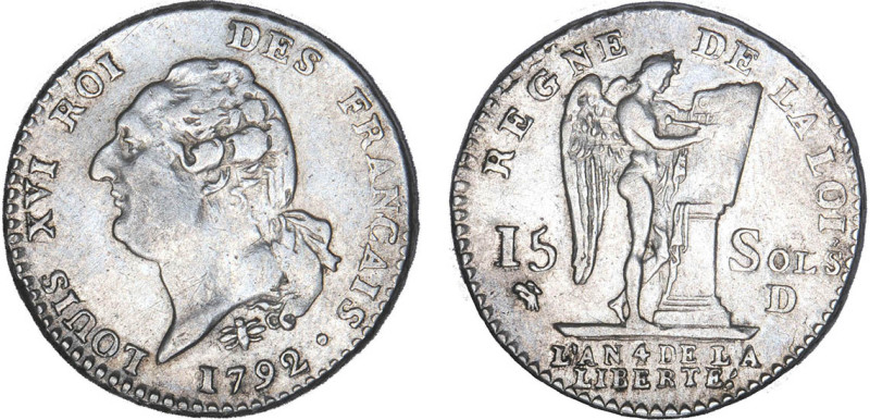 PÉRIODE RÉVOLUTIONNAIRE
15 SOLS type "FRANÇAIS"
1792 D - TTB 40 (TTB+)
1er se...