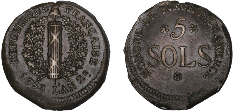 PÉRIODE RÉVOLUTIONNAIRE
5 SOLS, siège de Mayence
1793 - SUP 50 (SUP-)



G...