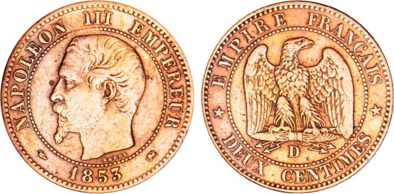2 CENTIMES
DEUX CENTIMES Napoléon III, tête nue
1853 D - TTB 35 (TTB)
Très Ra...