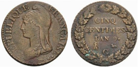 5 CENTIMES
CINQ CENTIMES type Dupré (Consulat)
AN 9 G - TTB 45 (TTB++)
Très Rare en l'état !!, coin choqué


G 126b, F 115, KM# 640
GENÈVE - BR...