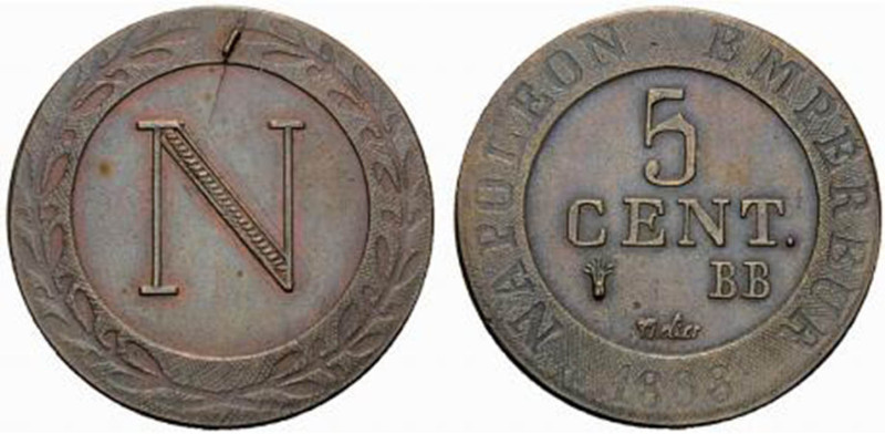 5 CENTIMES
5 CENT. Napoléon Ier "Strasbourg"
1808 BB - SPL 60 (SUP+)
Rarissim...