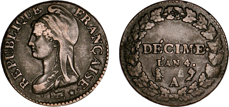 DÉCIME, 10 CENTIMES
DÉCIME, petit module
AN 4 A - TTB 40 (TTB+)
Rare !


G...