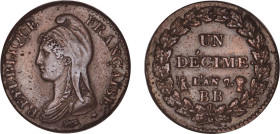 DÉCIME, 10 CENTIMES
UN DÉCIME type définitif (Directoire)
AN 7 BB - TTB 45 (TTB++)
léger paillage


G 187, F 129, KM# 644
STRASBOURG - BRONZE -...