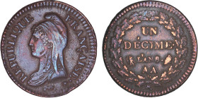 DÉCIME, 10 CENTIMES
UN DÉCIME type définitif (Directoire & consulat)
AN 8 AA - TTB 40 (TTB+)
8/5, AA/A, casque/corne - Rare !


G 187a, F 129, K...