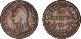 DÉCIME, 10 CENTIMES
UN DÉCIME type définitif (Directoire & consulat)
AN 8 W - TTB 35 (TTB)
Assez Rare !


G 187a, F 129, KM# 644
LILLE - BRONZE...