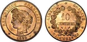 DÉCIME, 10 CENTIMES
10 CENTIMES type Cérès (IIIe République)
1892 A - SPL 63 (SUP++)
Rare en l'état !


G 265a, F 135, KM# 815
PARIS - BRONZE -...