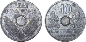 DÉCIME, 10 CENTIMES
10 CENTIMES petit module (zinc)
1943 - TTB 45 (TTB++)
trou mal percé - Rare !


G 291, F 142, KM# 903
 - ZINC - 1,73g
 ---...