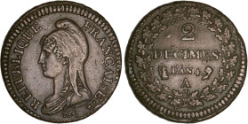 2 DÉCIMES, 20 CENTIMES
2 DÉCIMES
AN 4 A - SUP 50 (SUP-)
infimes coups tranche


G 300, F 145, KM# 638
PARIS - BRONZE - 19,50g
 ---------------...
