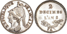2 DÉCIMES, 20 CENTIMES
2 DÉCIMES type Lorthior "tête à gauche"
AN 8 A - SUP 53 (SUP-)
Epreuve en billon - Rare !


G 301
PARIS - BILLON - 
 --...