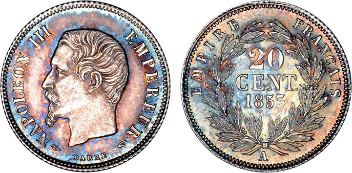 2 DÉCIMES, 20 CENTIMES
20 CENT. Napoléon III, tête nue
1853 A - SUP 58 (SUP)
...