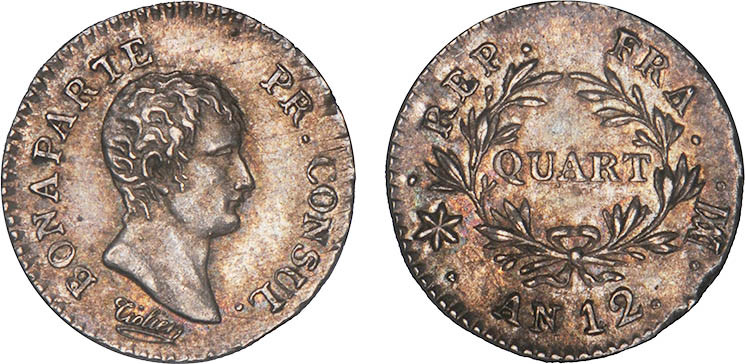 1/4 FRANC, 25 CENTIMES
QUART (de franc) Bonaparte, Ier consul
AN12 MA - SUP 58...