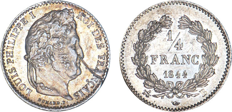 1/4 FRANC, 25 CENTIMES
1/4 FRANC Louis-Philippe I
1844 B - SPL 60 (SUP+)
Rari...