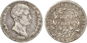 1/2 FRANC, 50 CENTIMES
DEMI FRANC Napoléon empereur (calendrier révolutionnaire)
AN13 K - TTB 40 (TTB+)
Très Rare !! - légères griffures


G 395...