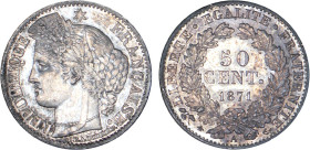 1/2 FRANC, 50 CENTIMES
50 CENT. type Cérès (défense nationale)
1871 A - SPL 62 (SUP++)
infimes coups tranche


G 419, F 189, KM# 834
PARIS - AR...