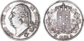 2 FRANCS
2 F, Louis XVIII
1823 A - SUP 50 (SUP-)
nettoyé, léger coup tranche


G 513, F 257, KM# 710
PARIS - ARGENT - 
 ----------------------...