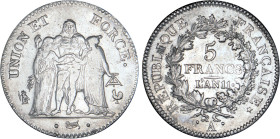 5 FRANCS
5 FRANCS type Union et Force (Consulat), variété "union" serré, grande feuille avec glands intérieurs, sans gland extérieur, sans étoile à l...