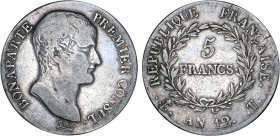 5 FRANCS
5 FRANCS Bonaparte Ier consul
AN12 T - TTB 35 (TTB)
Rare !


G 577, F 301, KM# 650, 659
NANTES - ARGENT - 24,69g
 -------------------...