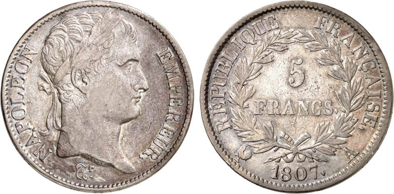 5 FRANCS
5 FRANCS Napoléon tête laurée, au revers République Française
1807 A ...
