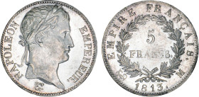 5 FRANCS
5 FRANCS au revers Empire Français
1813 M - SUP 58 (SUP)
légère faiblesse revers


G 584, F 307, KM# 694
TOULOUSE - ARGENT - 25,10g
 ...