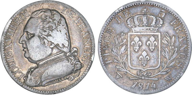 5 FRANCS
5 FRANCS Louis XVIII, type au buste habillé
1814 W - TTB 35 (TTB)
Ra...