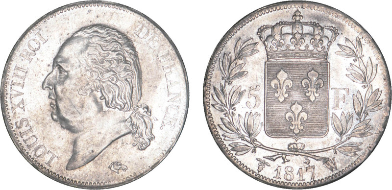 5 FRANCS
5 F, Louis XVIII type au buste nu
1817 W - SUP 50 (SUP-)
Rare !

...