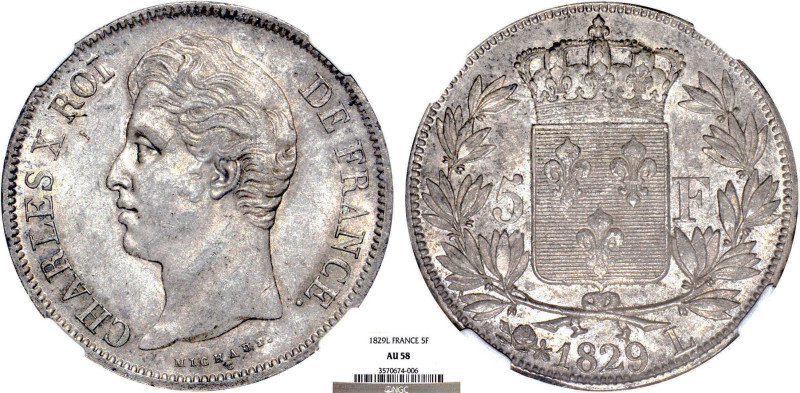 5 FRANCS
5 F, Charles X 2e type
1829 L - SUP 55 (SUP)
Assez Rare ! - NGC AU58...