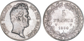 5 FRANCS
5 FRANCS Louis-Philippe, tête nue, variété sans le I, tranche en creux
1830 W - TTB 35 (TTB)
Rare ! - légèrement nettoyé


G 675, F 313...