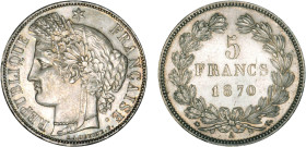 5 FRANCS
5 FRANCS type Cérès, sans légende
1870 A - SPL 61 (SUP+)
Rare en l'état !


G 742, F 332, KM# 818
PARIS - ARGENT - 25,09g
 ----------...