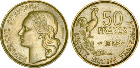 50 FRANCS
50 FRANCS type Guiraud
1958 - SUP 50 (SUP-)
Rare !


G 880, F 425, KM# 918
 - CUPRO-ALUMINIUM - 
 ----------------------------------...