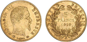 5 FRANCS OR
5 FRANCS or, Napoléon III tête nue, grand module
1859 A - SUP 50 (SUP-)
infimes coups


G 1001, F 501, KM# 787
PARIS - OR - 
 ----...