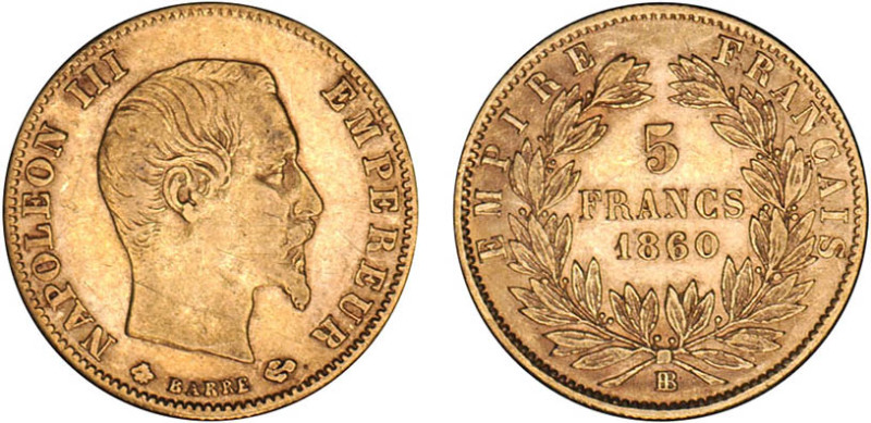 5 FRANCS OR
5 FRANCS or, Napoléon III tête nue, grand module
1860 BB - TTB 45 ...