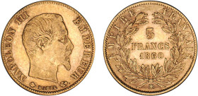 5 FRANCS OR
5 FRANCS or, Napoléon III tête nue, grand module
1860 BB - TTB 45 (TTB++)



G 1001, F 501, KM# 787
STRASBOURG - OR - 
 ----------...